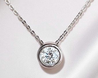 Moissanite Solitaire Diamond Floating Bubble Necklace: 1 Carat 1Ct Bezel Setting Sterling Silver S925
