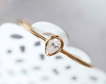 Petite Pear Cut Diamond Ring: 14K 18K Solid Gold Engagement Promise Pinky Ring