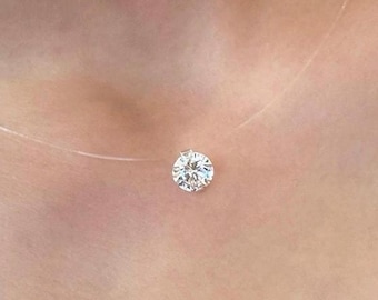 2CT Moissanite Solitaire Pendant Necklace 925 Sterling Silver, Floating Diamond Invisible Chain Necklace, Dainty Jewelry for Women