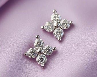 Moissanie Diamond Lucky Clover Earrings, 925 Sterling Silver Gold Flower Ear Studs, Bridal Wedding Jewelry