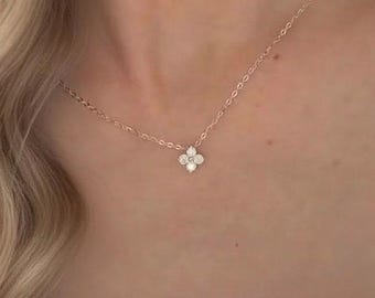 Sterling Silver Moissanite Clover Pendant Necklace, Lucky Gift, Gold Vermeil Dainty Floral Bridal Necklace