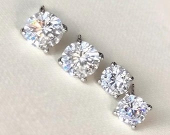 Moissanite Solitaire Diamond Stud Earrings: Sterling Silver 1ct 2 carat Dainty Wedding Ear Studs