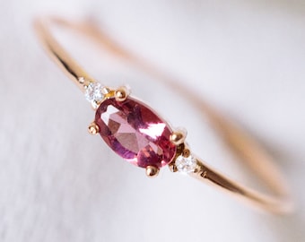 14K 18k Solid Gold Pink Tourmaline Ring: Diamond Natural Gemstone Promise Engagement Ring RoseGold