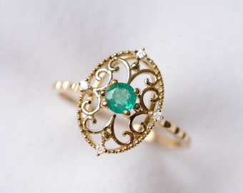18k Solid Gold Emerald Vintage Inspired Engagement Ring: Diamond Baroque Style Ring 14K Rosegold