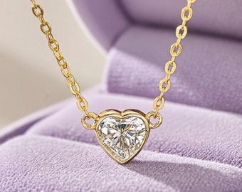 1ct Moissanite Solitaire Diamond Heart Necklace: 18K Gold Sterling Silver 1 carat Heart Cut