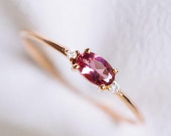 18K gold pink tourmaline diamond ring pink gemstone 14K rose gold pinky ring platinum engagement ring fine jewelry