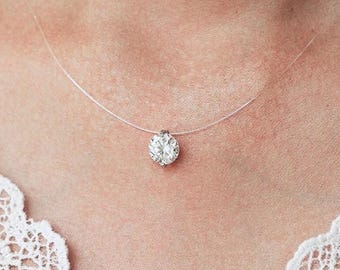 2ct Moissanite Solitaire Diamond Floating Pendant Necklace: Sterling Silver, Invisible Chain, 8mm