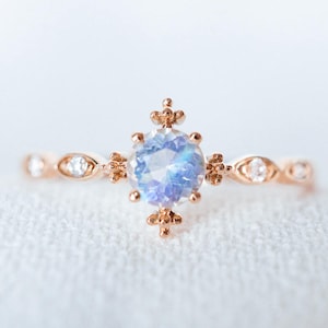 18K Solid Gold Moonstone Diamonds Engagement Ring 14K Rose Gold Vintage Inspired Moosntone Ring Platinum diamonds art deco moonstone ring