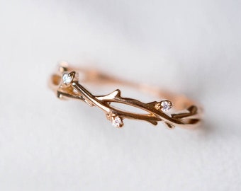Diamond twig bud ivy ring 14K 18K rose gold leaf wedding band engagement promise ring anniversary flower buds white gold platinum leaf band