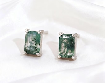 Moss Agate Stud Earrings S925 Sterling Silver Ear Studs, Natural Forest Green Gemstone Wedding Fine Jewelry