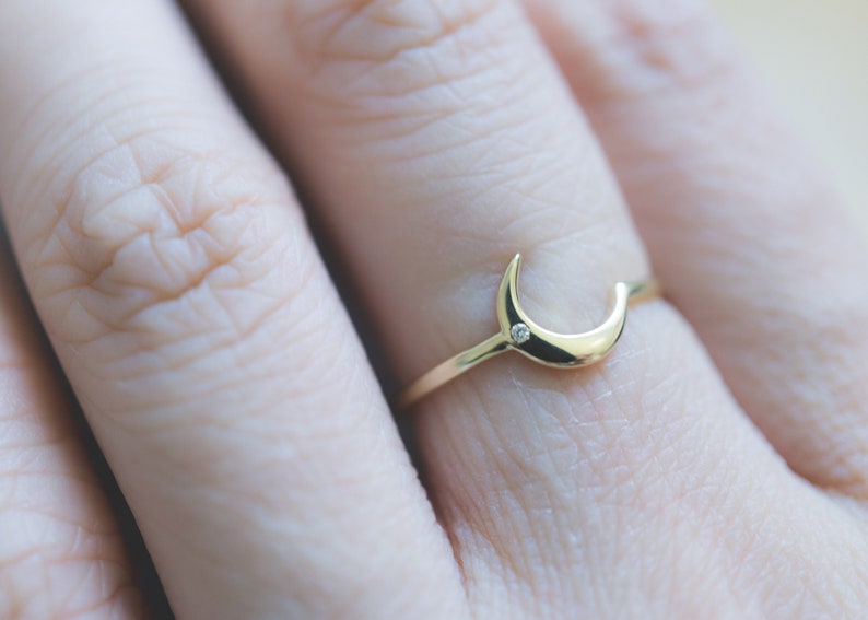 Solid 14K 18K gold moon ring rose gold diamond moon promise ring anniversary ring gift white gold moon ring statement ring