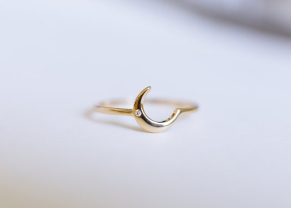 Solid 14K 18K gold moon ring rose gold diamond moon promise ring anniversary ring gift white gold moon ring statement ring