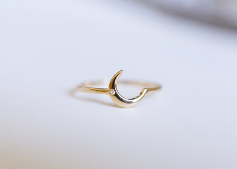 Solid 14K 18K gold moon ring rose gold diamond moon promise ring anniversary ring gift white gold moon ring statement ring