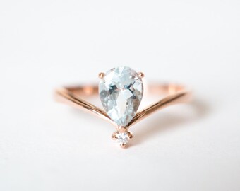 Solid 18K Gold Aquamarine Diamond Engagement Ring 14K rose gold chevron V shape aquamarine gold ring platinum wedding anniversary ring