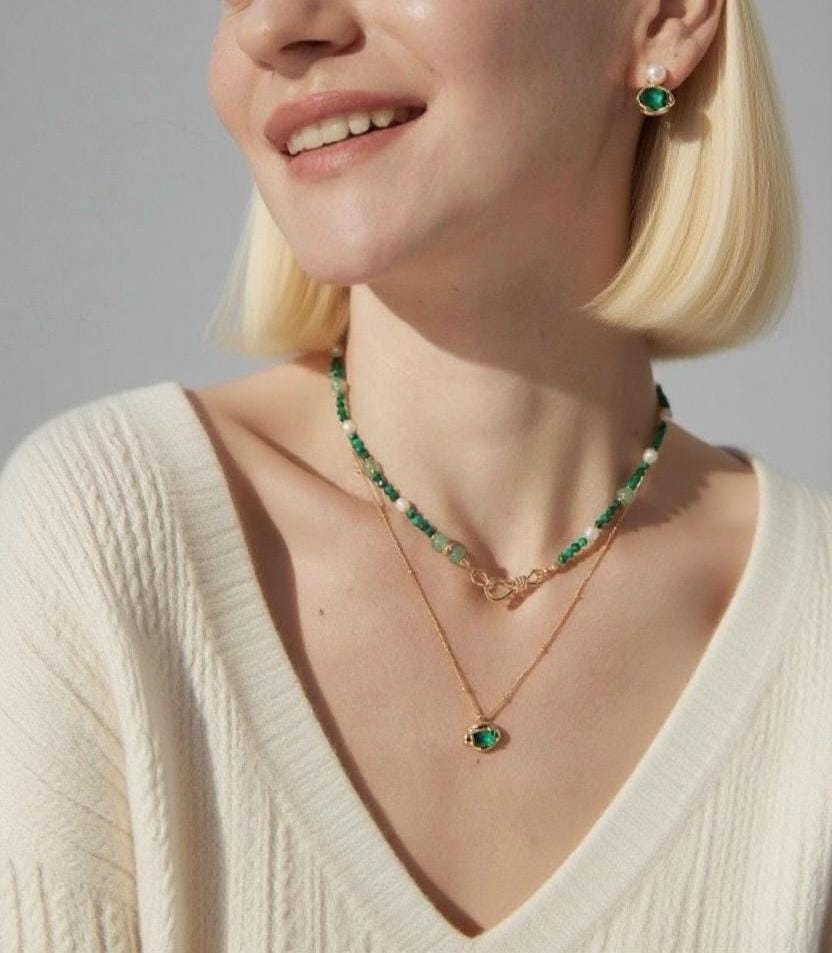 Gold necklace green stone - Etsy 日本