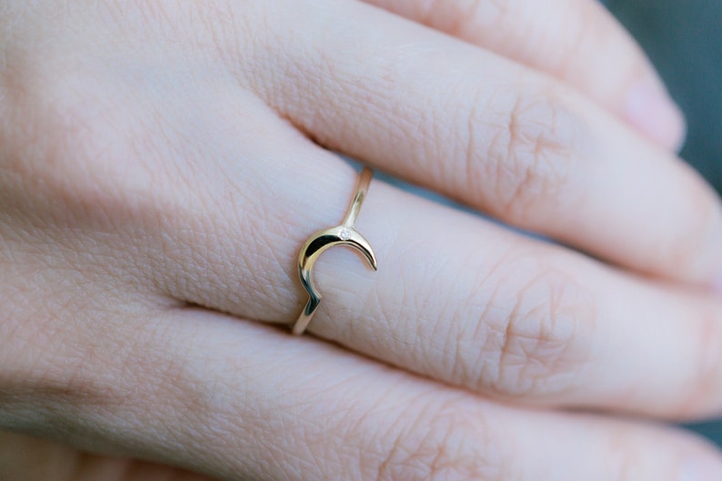Solid 14K 18K gold moon ring rose gold diamond moon promise ring anniversary ring gift white gold moon ring statement ring