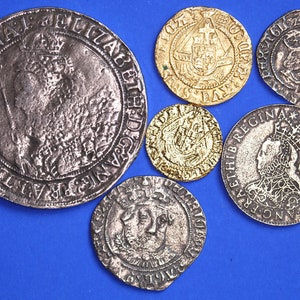 6 REPRODUCTION British Tudor coins - Henry VII Half Groat, Henry VIII Half-Angel + Groat, Elizabeth I Sixpence, Quarter Angel, Crown  [6TUD]