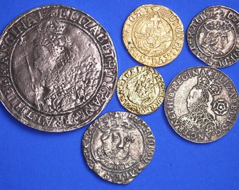 6 REPRODUCTION British Tudor coins - Henry VII Half Groat, Henry VIII Half-Angel + Groat, Elizabeth I Sixpence, Quarter Angel, Crown  [6TUD]