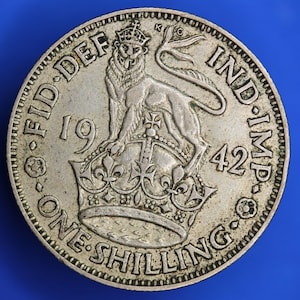GENUINE British Coin -  1942 George VI One Shilling, 50% silver coin  [R10/24 28540] SHOP