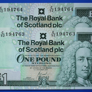 2 Royal Bank of Scotland plc One Pound Banknotes, Consecutive Numbers, Scottish Banknotes, Edinburgh Castle   [02/25 28106]