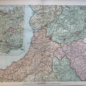May include: A vintage map of central Wales, showing the counties of Merioneth, Montgomery, and Denbigh. The map is printed in black and white with coloured borders and includes a scale of English miles.