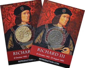 REPRODUCTION Medieval Coin Richard III gold plated ANGEL & Groat (4 pence) in information cards [R3-2C]