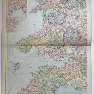 Carte originale de 1891, sans cadre, du sud-ouest de l'Angleterre et du Pays de Galles, 61 x 33 cm. Publié dans le tube [R06/25 30206]