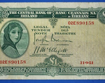 1951 Irlands centralbank, ett pund, en irländsk EIRE Lady Lavery-sedel [10/26 35808]