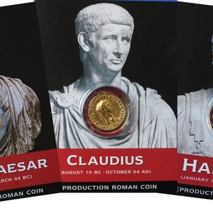 May include: Three reproduction Roman coins featuring busts of Julius Caesar, Claudius, and Hadrian. Each coin is displayed in a clear plastic case with a red backing and is accompanied by a card with the emperor's name, reign dates, and the text "Reproduction Roman Coin".