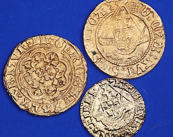 3 REPRODUCTION Gold Medieval & Tudor coins - Edward III quarter noble, Henry VIII half angel, Elizabeth I quarter angel [3GOLD]