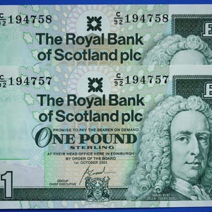 2 Royal Bank of Scotland plc One Pound Banknotes, Consecutive Numbers, Scottish Banknotes, Edinburgh Castle   [02/25 28103]