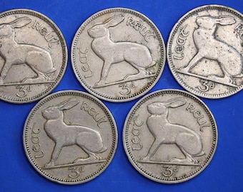 ÄKTA 5 irländska trepencemynt 3d Irland EIRE, irländska haremynt [10/26 35743]