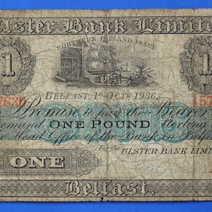 May include: A vintage one pound banknote from Ulster Bank Limited, issued in Belfast, Northern Ireland on 1st October 1936. The note features a promise to pay the bearer on demand one pound sterling at the head office of the bank in Belfast.
