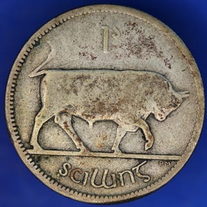 GENUINE 1928 Irish shilling Ireland EIRE coin, 75% silver, Bull Coin [12/24 31602]