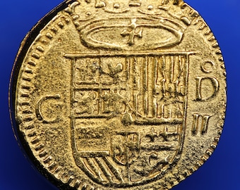 REPRODUCTION, Replica - Gold Doubloon Spanish colonial 2 Escudos 16th C (22mm) coin [DCOIN]