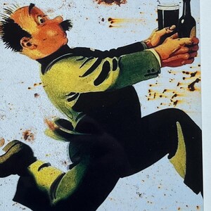 May include: A vintage-style illustration of a man running with a glass of dark beer and a bottle of beer in his hands. The background is a rusty metal surface.