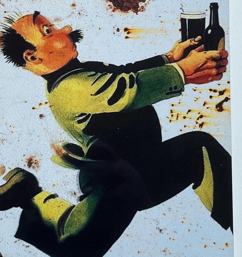 May include: A vintage-style illustration of a man running with a glass of dark beer and a bottle of beer in his hands. The background is a rusty metal surface.