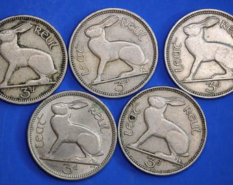 ÄKTA 5 irländska trepencemynt 3d Irland EIRE, irländska haremynt [10/26 35741]