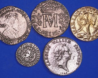 REPRODUCTIE Schotland, Schotse munten en medaille, Mary Queen of Scots, James VI, zilver Robert the Bruce, medaille prins Charles [SCOT5]