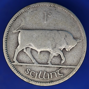GENUINE 1928 Irish shilling Ireland EIRE coin, 75% silver, Bull Coin [12/24 31588]