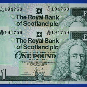 2 Royal Bank of Scotland plc One Pound Banknotes, Consecutive Numbers, Scottish Banknotes, Edinburgh Castle   [02/25 28104]