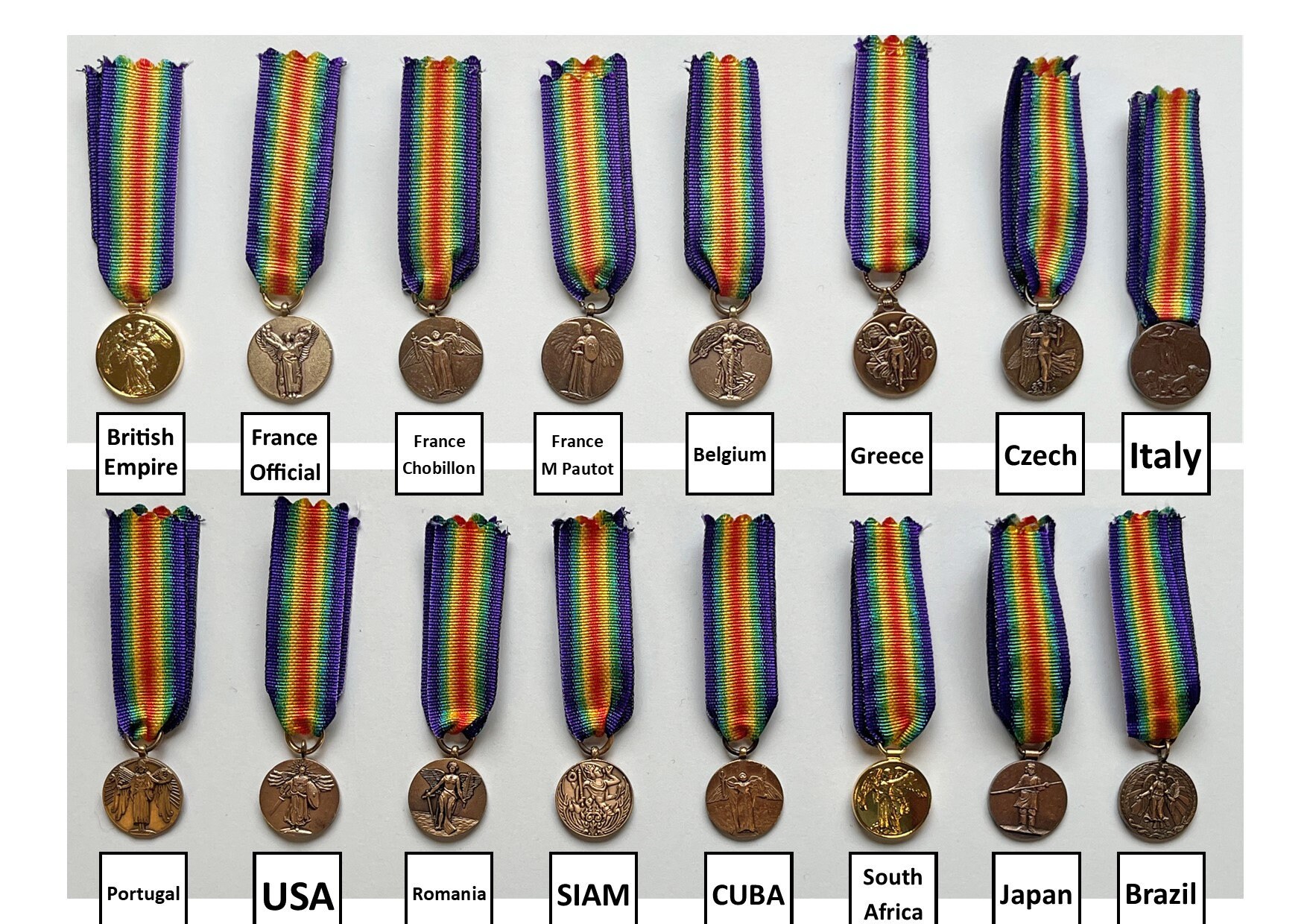 REPRODUCTION WW1 16 Inter-allied Country Victory Medals MINIATURE