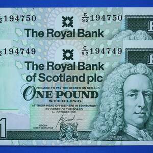 2 Royal Bank of Scotland plc One Pound Banknotes, Consecutive Numbers, Scottish Banknotes, Edinburgh Castle   [02/25 28099]