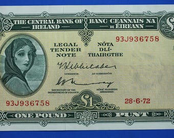 1972 Irlands centralbank, ett pund, en irländsk EIRE Lady Lavery-sedel [R04/26 32216]