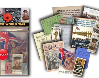 May include: A collection of First World War replicas, including posters, tickets, and documents. The items feature patriotic imagery, soldiers, and the text "First World War." A red button with the word "REPLICAS" is visible.