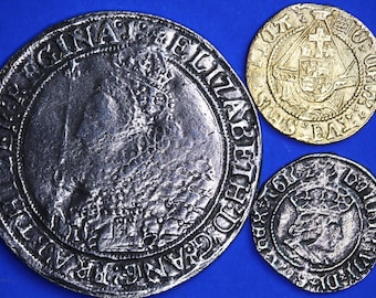 REPRODUCTION British Tudor coins - Henry VII Half Groat, Henry VIII gold plated Half-Angel, Elizabeth I Crown  [3TUD]