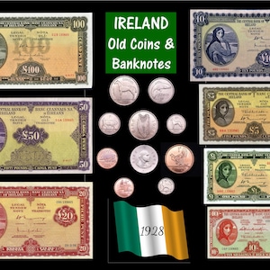 IRLANDE Poster Old Coins & Banknotes A3 (roulé) Irlandais EIRE Lady Lavery, les billets sont les deux tiers de la taille réelle. [IRECB]