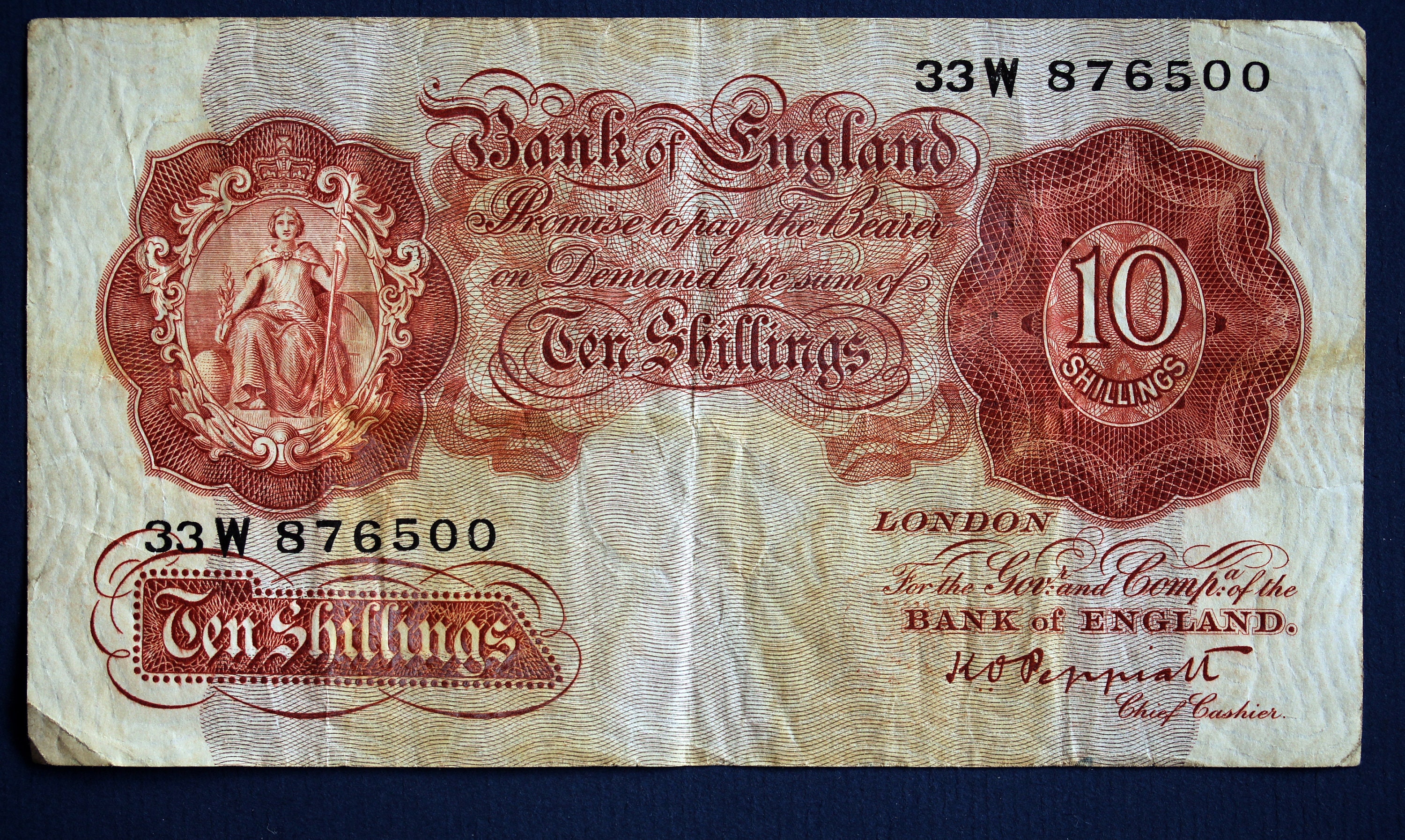 Image of 1934 Bank Of England 10 Ten Shillings, Peppiatt, Prefix "33W" Banknote [12990]