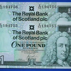 2 Royal Bank of Scotland plc One Pound Banknotes, Consecutive Numbers, Scottish Banknotes, Edinburgh Castle   [02/25 28102]