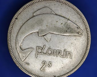 May include: A silver coin featuring a fish design. The coin has the word "Flóirín" and the number "2s" inscribed. The coin has a textured surface and a detailed border. The background is a solid blue.
